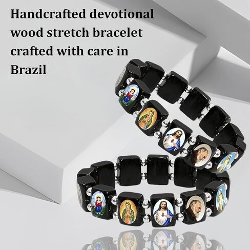 Catholica Shop I Catholic Religious Bracelets with Assorted Black & White Images of Catholic Saints I Wooden Stretchable Bracelet I Catholic Gifts Bracelets I Religious Bracelet in Kuwait