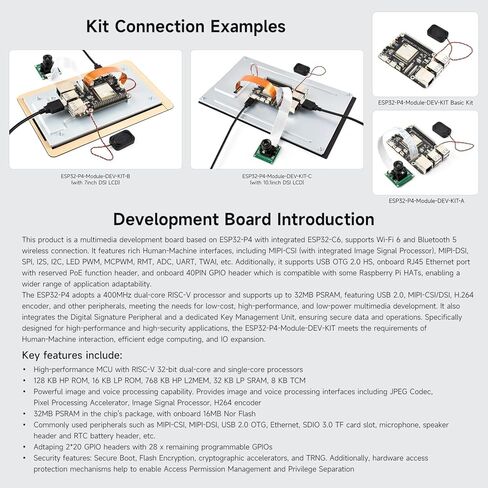 يدعم لوحة تطوير الأداء العالية للأداء ESP32-P4-Module ESP32-P4 ، استنادًا إلى ESP32-P4 و ESP32-C6 ، Wi-Fi 6 و Bluetooth 5/ble ، كاميرا مكبر صوت وكاميرا RPI (B) in Kuwait