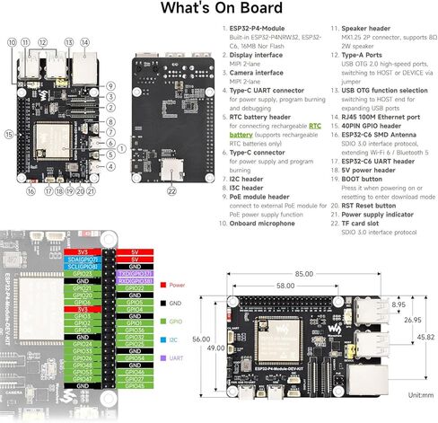 يدعم لوحة تطوير الأداء العالية للأداء ESP32-P4-Module ESP32-P4 ، استنادًا إلى ESP32-P4 و ESP32-C6 ، Wi-Fi 6 و Bluetooth 5/ble ، كاميرا مكبر صوت وكاميرا RPI (B) in Kuwait