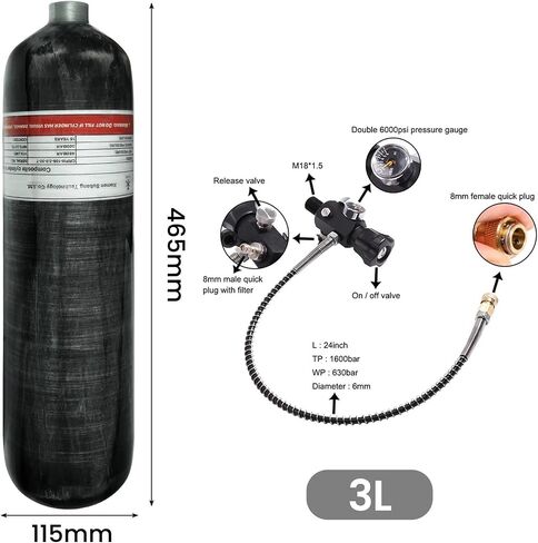 أسطوانة ألياف الكربون 300BAR 3L مع 6000psi مزدوج صمام التضخم في ارتفاع ضغط HPA لغطاء الغوص M18*1.5 in Saudi Arabia