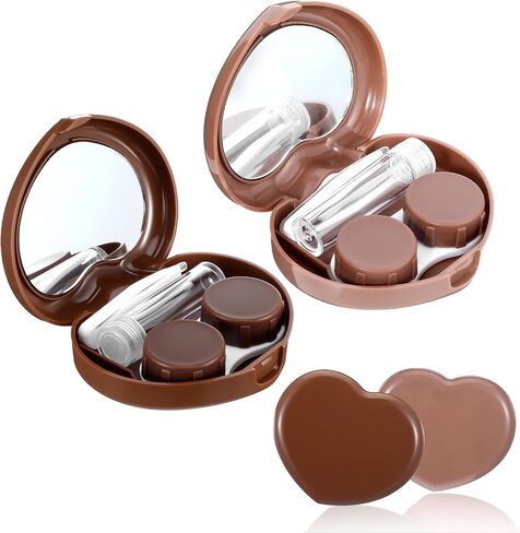 2 Pcs Contact Lens Case, Heart Shape Brown Eye Contacts Travel Case Holder Storage Box Portable Contact Lenses Tweezers Remover Tool Solution Bottle Kit for Daily Outdoor Traveling Home in Saudi Arabia