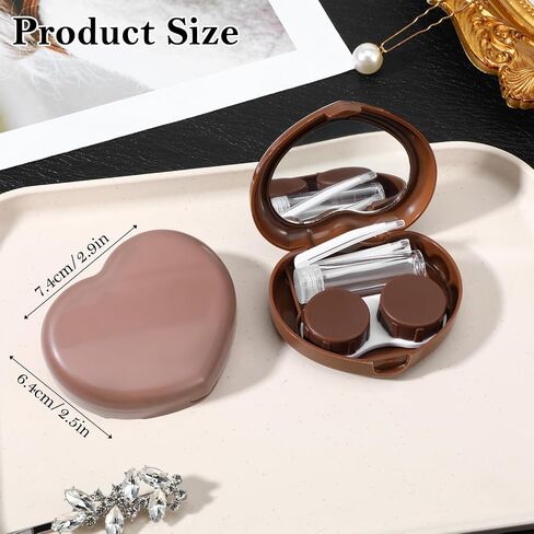 2 Pcs Contact Lens Case, Heart Shape Brown Eye Contacts Travel Case Holder Storage Box Portable Contact Lenses Tweezers Remover Tool Solution Bottle Kit for Daily Outdoor Traveling Home in Saudi Arabia