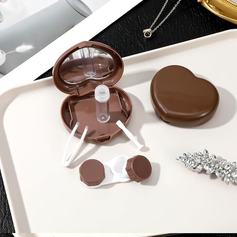 2 Pcs Contact Lens Case, Heart Shape Brown Eye Contacts Travel Case Holder Storage Box Portable Contact Lenses Tweezers Remover Tool Solution Bottle Kit for Daily Outdoor Traveling Home in Saudi Arabia