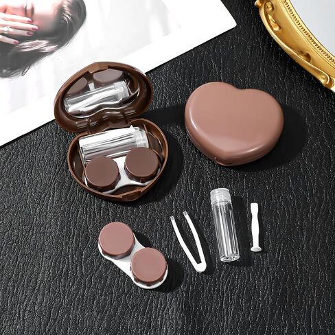 2 Pcs Contact Lens Case, Heart Shape Brown Eye Contacts Travel Case Holder Storage Box Portable Contact Lenses Tweezers Remover Tool Solution Bottle Kit for Daily Outdoor Traveling Home in Saudi Arabia