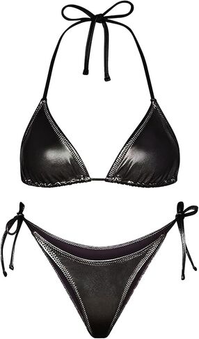 Ella Lust Metallic Bikini for Women - Silver Bathing Suit High Waisted Tie Side Thong Bottom Triangle Top Shiny Swimsuit in Kuwait