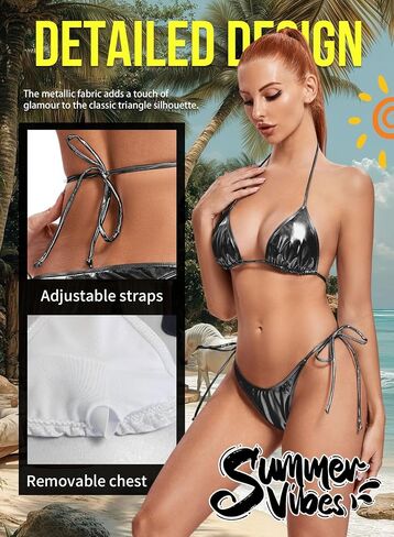 Ella Lust Metallic Bikini for Women - Silver Bathing Suit High Waisted Tie Side Thong Bottom Triangle Top Shiny Swimsuit in Kuwait
