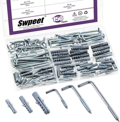 Swpeet 125Pcs 7 Sizes Blue White Metal Screw-in Square Bend Hooks Kit, Square Bend Hooks L Shaped Self-Tapping Screws Hook L Type Photo Frame Right Angle Hook for Home/Workplace/Office Hanging in Saudi Arabia