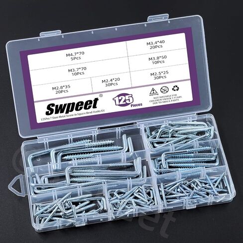 SWPEET 125pcs 7 أحجام زرقاء أبيض أبيض برغي في السنانير المربع المربع ، خطافين ، والسنانير ذات الانحناء المربع ل. in Kuwait