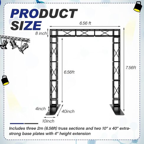 Black Square Aluminum Arch Truss Kit 6.6 x 7.6 ft Dj Lighting Truss Mobile Portable Stage Truss System 3 Pcs 8" x 8" Box Truss with 2 Iron Base Simple Bolt Connections Indoor Outdoor Use in Saudi Arabia