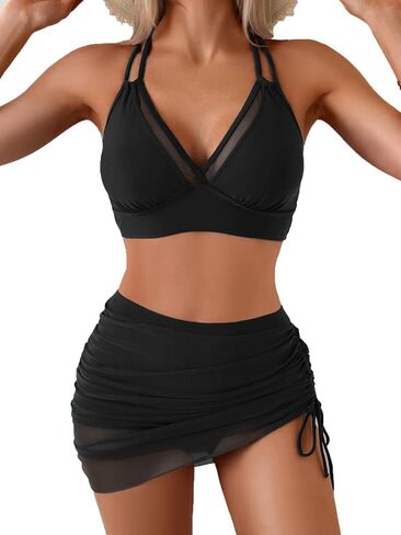 Fanuerg Womens High Pherced Bikini مجموعات البطن التحكم Swim Swimsuits شبكة Sarong لفاتين للاستحمام in Saudi Arabia