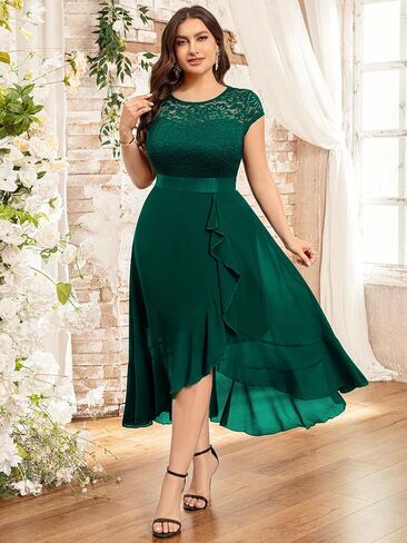 فستان Miusol نسائي مقاس كبير مكشكش من الدانتيل والدانتيل المتباين من الشيفون الرسمي لوصيفة العروس وحفلات الكوكتيل in Kuwait