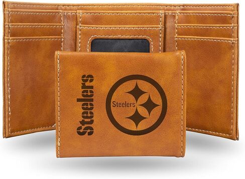 NFL Pittsburgh Steelers Men's Trifold Brown Wallet- شعار فريق NFL الممتاز للليزر على Levegan/Faux- التصميم البسيط يشمل نافذة الهوية وحامل بطاقة الائتمان- هدية الرجال المثالية للرجال in Saudi Arabia