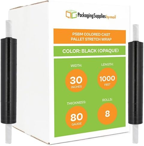 PSBM Black Stretch Wrap with Extended Core Handles, 4 Pack, 30 Inch x 1000 Feet, 80 Gauge, Plastic Cling Color Hand Stretch Film Rolls for Packaging Moving Packing Pallets in Saudi Arabia