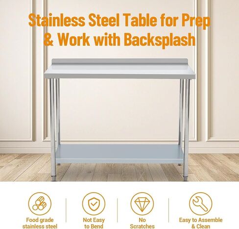 Commercial Stainless Steel Work Table - Heavy Duty 32 x 24 x 34 Inch Food Prep Table with Undershelf, Restaurant-Grade Kitchen Workstation (Silver) in Saudi Arabia