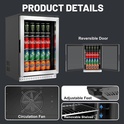 20 Inch Built in Beverage Fridge with Glass Door, Beverage Refrigerator Cooler 120 Can,UnderCounter Fridges or Freestanding,Quiet ≤39 dBs,Blue LED Light Cooler for Bar, Home, Office in Saudi Arabia