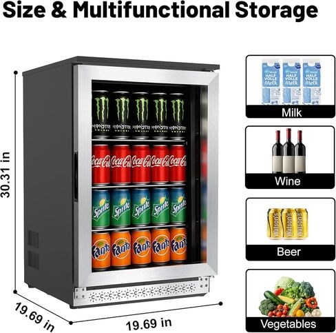 20 Inch Built in Beverage Fridge with Glass Door, Beverage Refrigerator Cooler 120 Can,UnderCounter Fridges or Freestanding,Quiet ≤39 dBs,Blue LED Light Cooler for Bar, Home, Office in Saudi Arabia