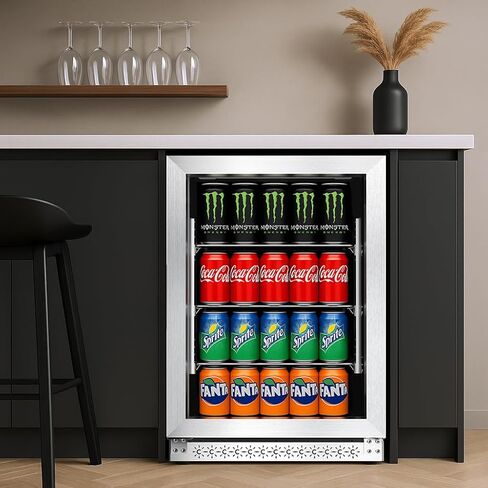 20 Inch Built in Beverage Fridge with Glass Door, Beverage Refrigerator Cooler 120 Can,UnderCounter Fridges or Freestanding,Quiet ≤39 dBs,Blue LED Light Cooler for Bar, Home, Office in Saudi Arabia