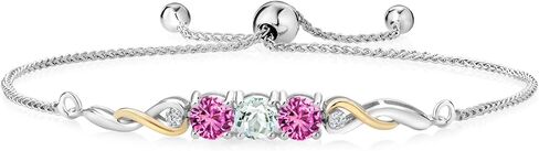 Gem Stone King 1.42 Ct Round Cabochon White Ethiopian Opal Pink Created Sapphire 925 Silver and 10K Yellow Gold Lab Grown Diamond Bracelet For Women in Saudi Arabia