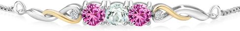 Gem Stone King 1.42 Ct Round Cabochon White Ethiopian Opal Pink Created Sapphire 925 Silver and 10K Yellow Gold Lab Grown Diamond Bracelet For Women in Saudi Arabia