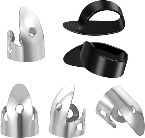 6 PCS Finger Picks, Guitar Banjo Picks Stainless Steel Adjustable Mental Finger Pick Light Thin Thumb Pick Small Accessories Fingerstyle Pickup for Acoustic Ukulele Electric Guitar (Silver, Black) in Saudi Arabia