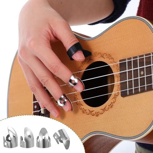 6 PCS Finger Picks, Guitar Banjo Picks Stainless Steel Adjustable Mental Finger Pick Light Thin Thumb Pick Small Accessories Fingerstyle Pickup for Acoustic Ukulele Electric Guitar (Silver, Black) in Saudi Arabia