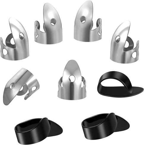 9 Pcs Banjo Finger Picks Set Stainless Steel Adjustable Finger and Thumb Picks for Guitar(Silver, Black) in Kuwait