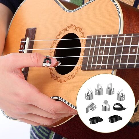 9 Pcs Banjo Finger Picks Set Stainless Steel Adjustable Finger and Thumb Picks for Guitar(Silver, Black) in Kuwait