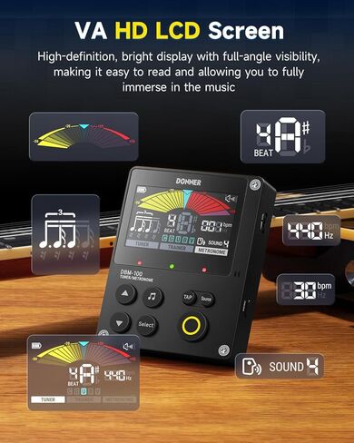 Donner Metronome Tuner, Rechargeable 3 In 1 Digital Metronome with Trainer Rhythm Mode, Tone Generator Tuners for Guitar, Bass, Violin, Ukulele, Chromatic, Piano, Flute, All Instruments, Black in Saudi Arabia