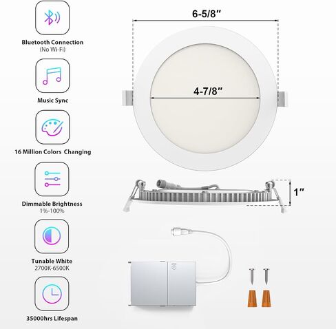 Smart Recessed Lighting 6 Inch, 12W 1080LM RGBCW Canless Recessed Light Bluetooth Connect Color Changing LED Downlight CCT Dim Ceiling Lights with Junction Box for Party Home 1 Pack in Saudi Arabia