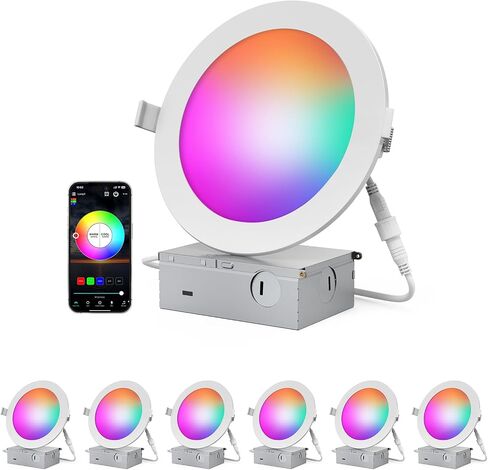 Smart Recessed Lighting 6 Inch, 12W 1080LM RGBCW Canless Recessed Light Bluetooth Connect Color Changing LED Downlight CCT Dim Ceiling Lights with Junction Box for Party Home 1 Pack in Saudi Arabia