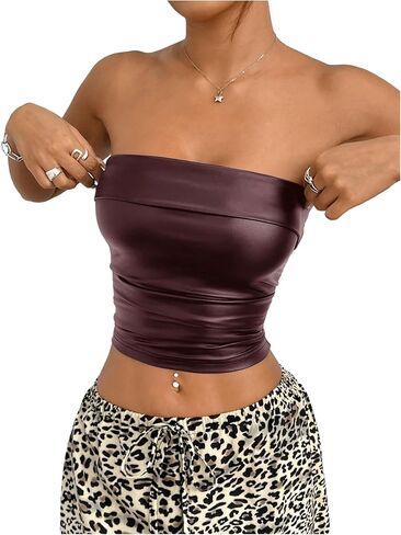 SOLY HUX Women's Faux Leather Crop Tube Top Strapless Sexy Going Out Bandeau Top Party Rave Concert Outfit in Saudi Arabia