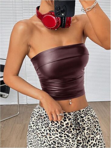 SOLY HUX Women's Faux Leather Crop Tube Top Strapless Sexy Going Out Bandeau Top Party Rave Concert Outfit in Saudi Arabia