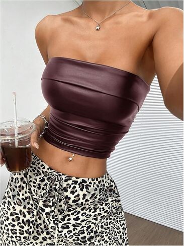 SOLY HUX Women's Faux Leather Crop Tube Top Strapless Sexy Going Out Bandeau Top Party Rave Concert Outfit in Saudi Arabia
