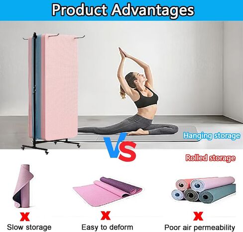 Yoga Mat Holder Hanging, Floor Rolling Yoga Mat cart, Large Capacity Storage Rack, with Includes hole punch, Metal square tube storage shelf for Home Gym,Fitness Club,Yoga Studio (Black) in Saudi Arabia