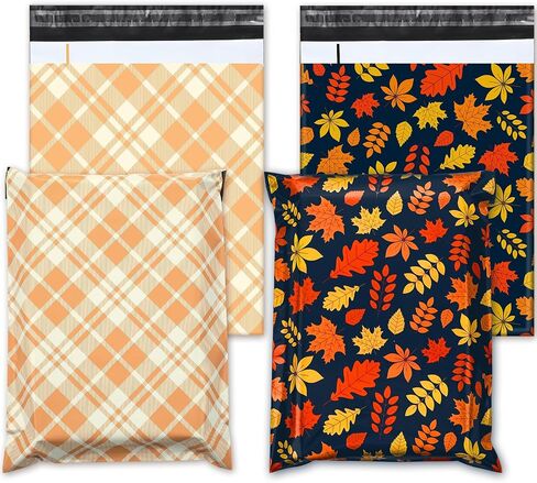 ROOWEST 100 PCS Fall Poly poly Mailers Maple Leaves Bag Bag مع ختم خريف الخريف ختم الأكياس البريدية أكياس مغلف للحصاد لعيد الشكر ملابس الأعمال الصغيرة in Kuwait