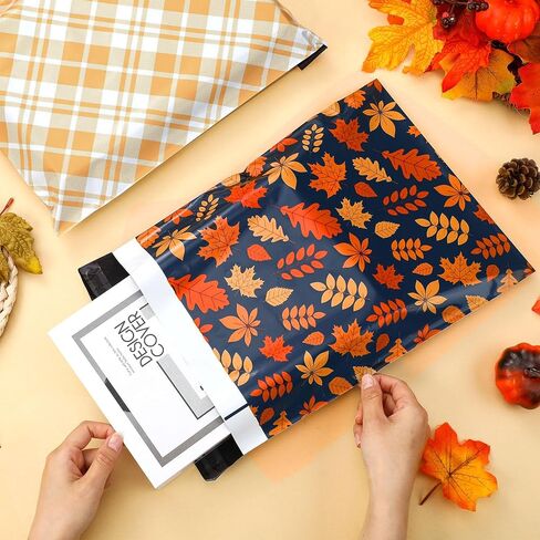 ROOWEST 100 PCS Fall Poly poly Mailers Maple Leaves Bag Bag مع ختم خريف الخريف ختم الأكياس البريدية أكياس مغلف للحصاد لعيد الشكر ملابس الأعمال الصغيرة in Kuwait