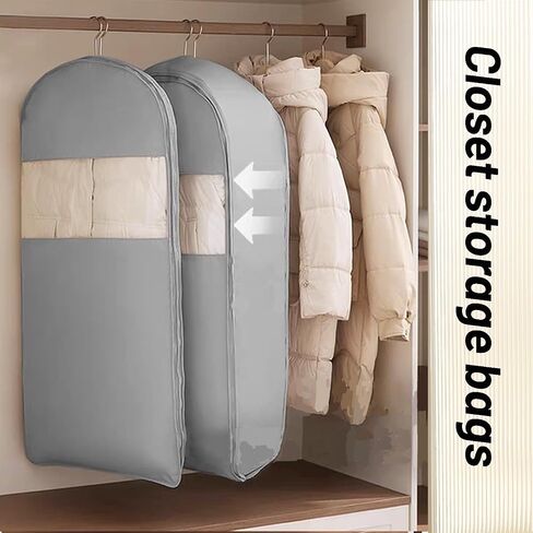 Space Saving Closet Organizer Hanging Garment Bag for Clothes Coats and Down Jackets with Self Compression Zipper, Beige, L in Saudi Arabia