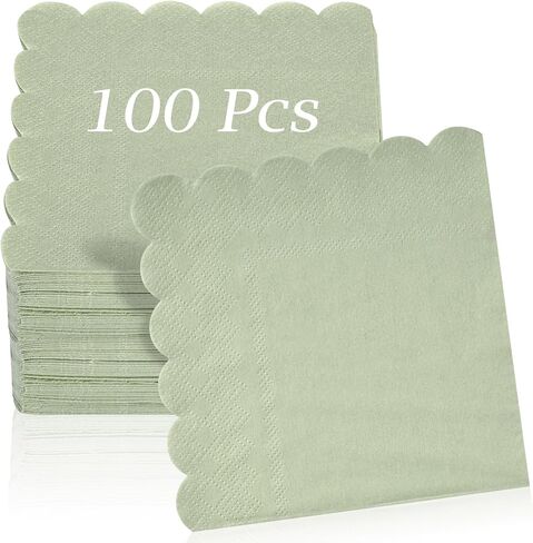 100 Pcs Cocktail Napkins, 2-Ply 5 x 5 Inches Disposable Scalloped Napkins, Thick Premium Dessert Napkins for Party, Wedding, Dinner, Birthday, Anniversary, Festival (Sage Green) in Kuwait