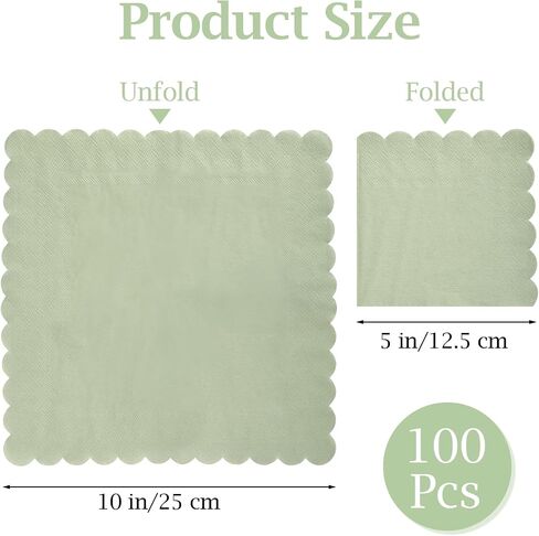 100 Pcs Cocktail Napkins, 2-Ply 5 x 5 Inches Disposable Scalloped Napkins, Thick Premium Dessert Napkins for Party, Wedding, Dinner, Birthday, Anniversary, Festival (Sage Green) in Kuwait
