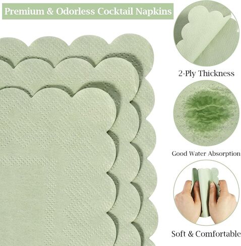 100 Pcs Cocktail Napkins, 2-Ply 5 x 5 Inches Disposable Scalloped Napkins, Thick Premium Dessert Napkins for Party, Wedding, Dinner, Birthday, Anniversary, Festival (Sage Green) in Kuwait