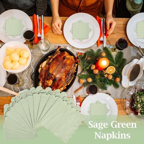 100 Pcs Cocktail Napkins, 2-Ply 5 x 5 Inches Disposable Scalloped Napkins, Thick Premium Dessert Napkins for Party, Wedding, Dinner, Birthday, Anniversary, Festival (Sage Green) in Kuwait