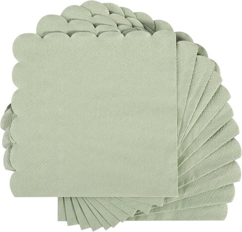 100 Pcs Cocktail Napkins, 2-Ply 5 x 5 Inches Disposable Scalloped Napkins, Thick Premium Dessert Napkins for Party, Wedding, Dinner, Birthday, Anniversary, Festival (Sage Green) in Kuwait