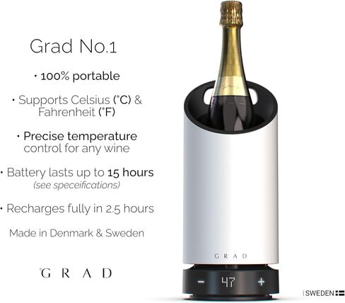 Grad No.1 Wine Cooler-مبرد النبيذ المحمول والقابل لإعادة الشحن مع التحكم الدقيق في درجة الحرارة (41-69 درجة فهرنهايت) ، التصميم الاسكندنافي ، التشغيل الصامت ، عمر البطارية الطويل-ملحق النبيذ الفاخر للمنزل in Saudi Arabia