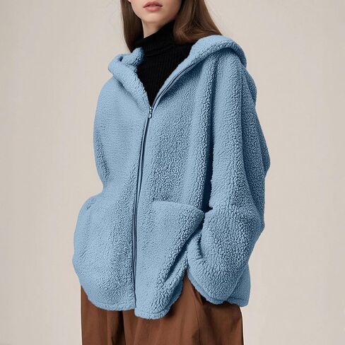 Winter Jackets For Women Long Sleeve Faux Fur Jacket Zipper Comfy Sherpa Fleece Warm Coat Outerwear with Pocket in Kuwait