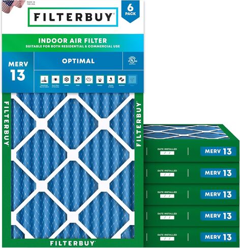 FilterBuy 17.25x29.25x2 Filter Filter Merv 13 Optimal Defense (6 عبوات) ، مرشحات هواء فرن HVAC AC المطهو ​​(الحجم الفعلي: 17.25 × 29.25 × 1.75 بوصة) in Kuwait