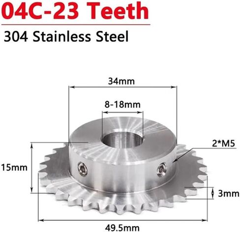 Tooth Roller Chain Sprocket, 1pc 23 Teeth 04C 304 Stainless Steel Chain Gear 23T Bore 8 10 12 14 15 16 17 18mm(14mm) in Saudi Arabia