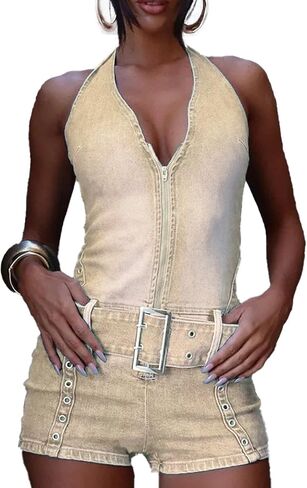 Mandonce Denim Romper للنساء قبالة Halter Halter v الرقبة المتعثرة Jean Shorts بذلة Bodycon مع حزام in Kuwait