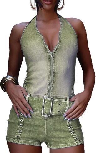 Mandonce Denim Romper للنساء قبالة Halter Halter v الرقبة المتعثرة Jean Shorts بذلة Bodycon مع حزام in Kuwait