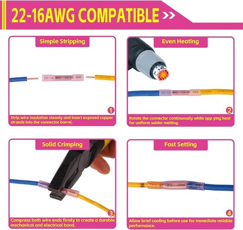 1000pcs موصلات بعقب الحرارة الأزرق من 16-14 AWG مقاوم للماء موصلات الأسلاك الأساسية النحاسية الأرجواني ، ومحطات لصق معزولة للكابل والقوارب والسيارات والأسلاك المنزلية (16-14 AWG) in Kuwait