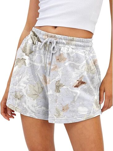 Womens Camo Sweat Shorts Lounge Elastic Waist Maple Leaf Print Summer Athletic Drawstring Camo Shorts with Pockets in Kuwait